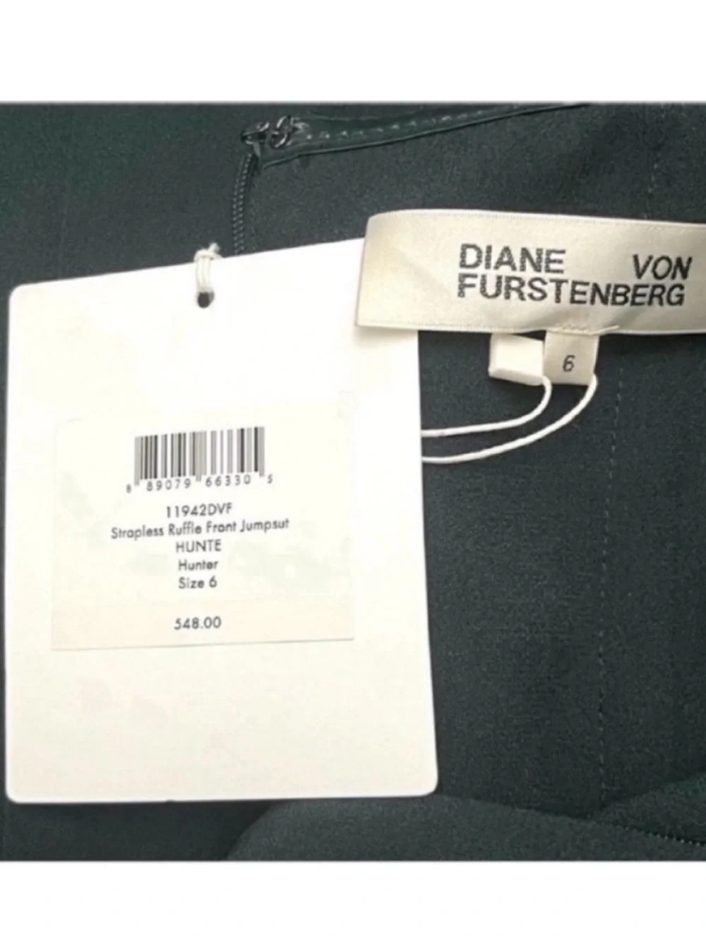 Diane Von Furstenberg Strapless Dark Green Strapless Ruffle Jumpsuit Size 6